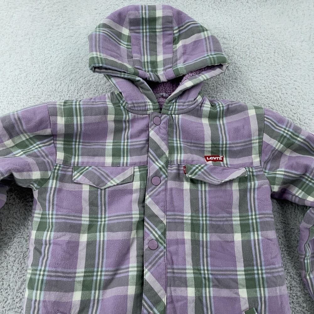 Levi's Plaid Shacket Jacket Youth Large 14/16 Purple Sherpa Lined Hooded Flannel